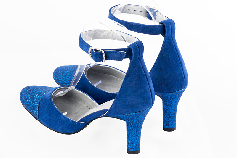 Electric blue women's open side shoes, with a strap around the ankle. Round toe. High kitten heels. Rear view - Florence KOOIJMAN